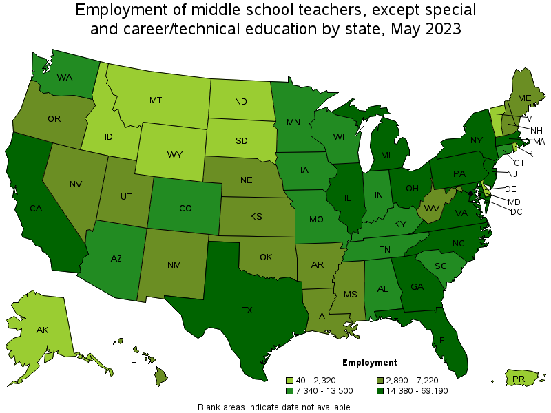 Map of employment of middle school teachers, except special and career/technical education by state, May 2023