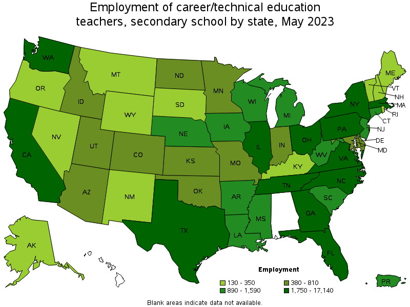 Map of employment of career/technical education teachers, secondary school by state, May 2023