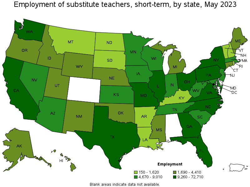 Map of employment of substitute teachers, short-term by state, May 2023