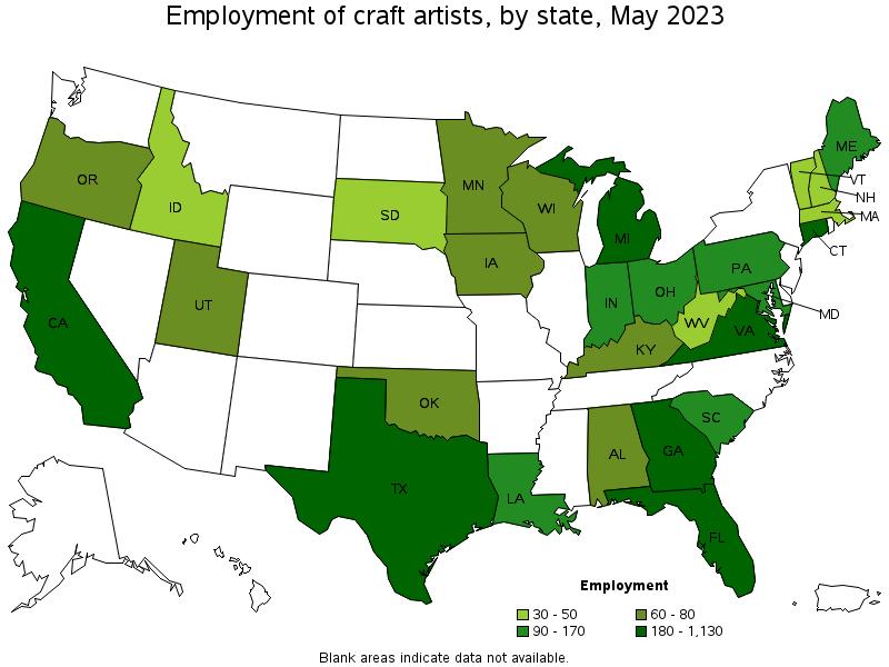 Map of employment of craft artists by state, May 2022
