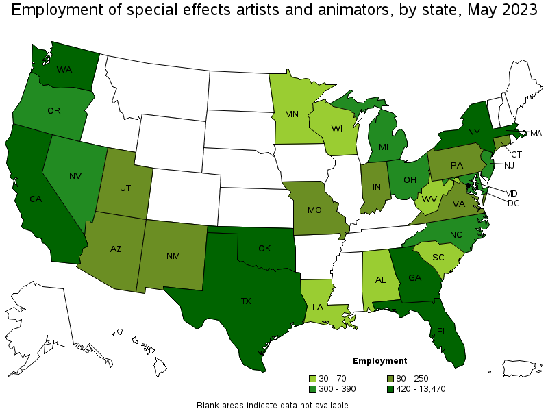 Map of employment of special effects artists and animators by state, May 2022