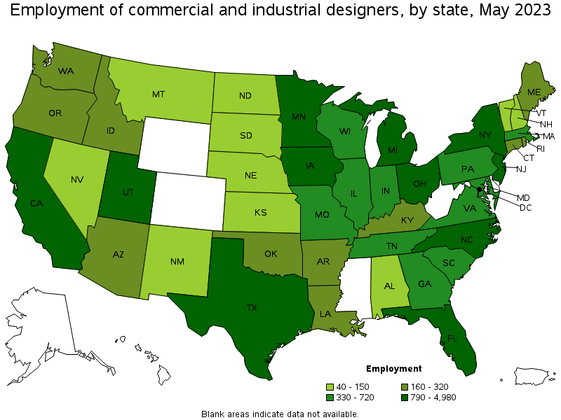 Map of employment of commercial and industrial designers by state, May 2021