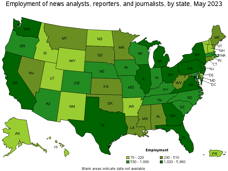 Map of employment of news analysts, reporters, and journalists by state, May 2023