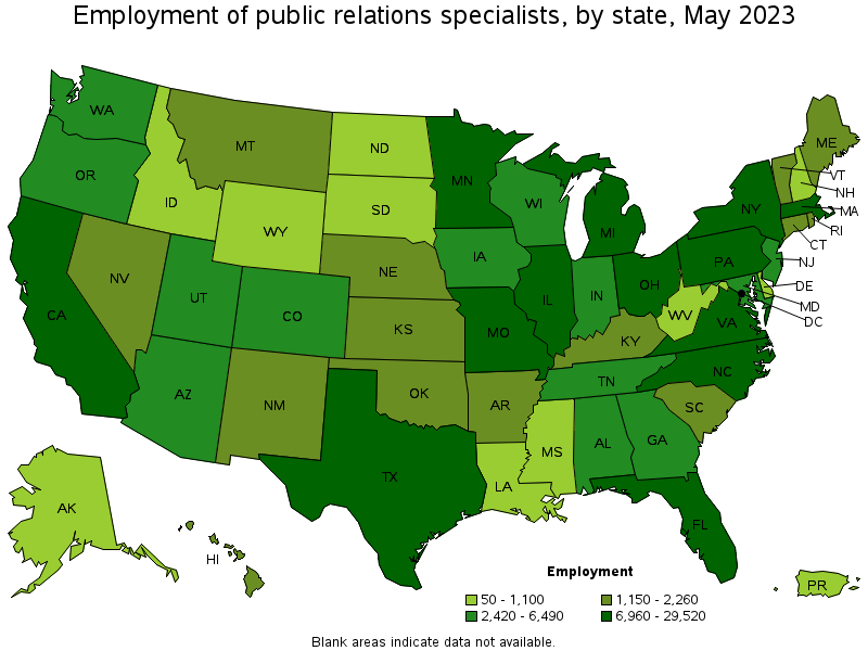 Map of employment of public relations specialists by state, May 2022