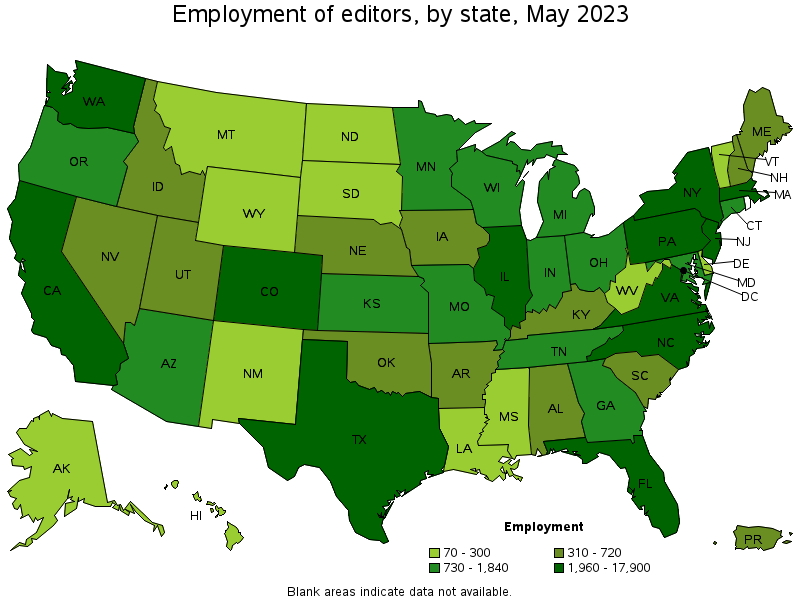 Map of employment of editors by state, May 2023