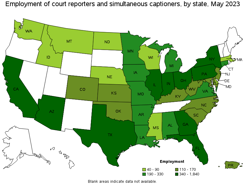 Map of employment of court reporters and simultaneous captioners by state, May 2021