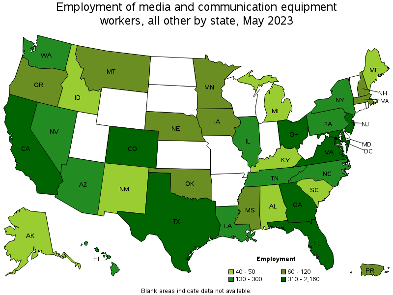 Map of employment of media and communication equipment workers, all other by state, May 2023