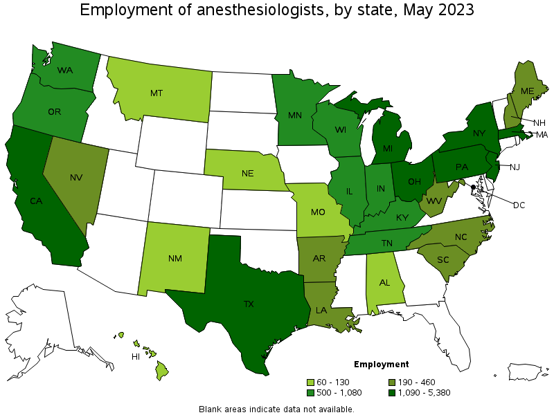 Map of employment of anesthesiologists by state, May 2022