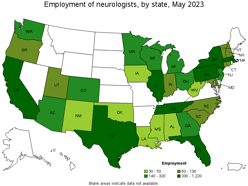 Map of employment of neurologists by state, May 2023