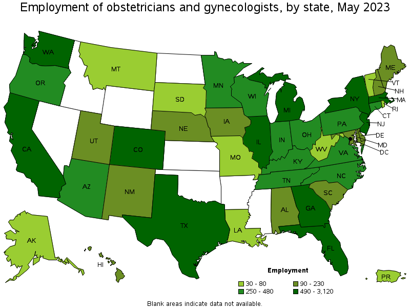 Map of employment of obstetricians and gynecologists by state, May 2023