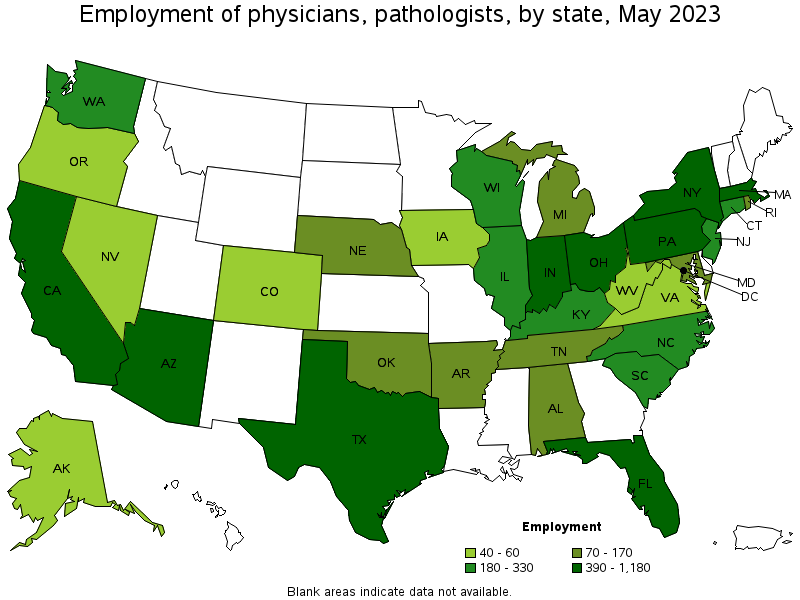 Map of employment of physicians, pathologists by state, May 2022
