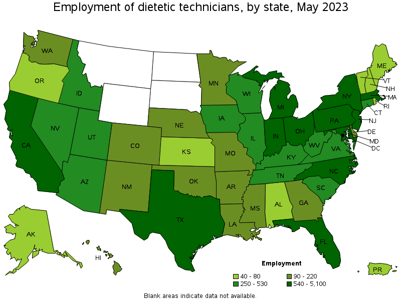 Map of employment of dietetic technicians by state, May 2021