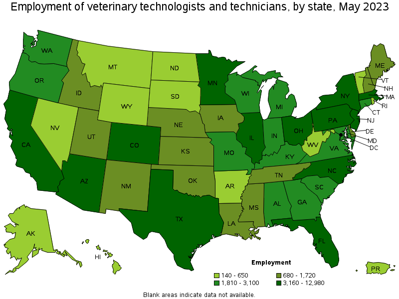 Map of employment of veterinary technologists and technicians by state, May 2023