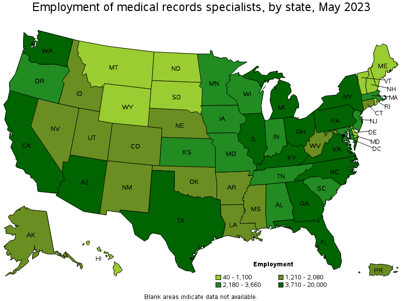 Map of employment of medical records specialists by state, May 2023