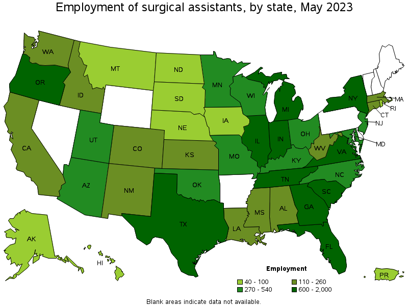 Map of employment of surgical assistants by state, May 2021