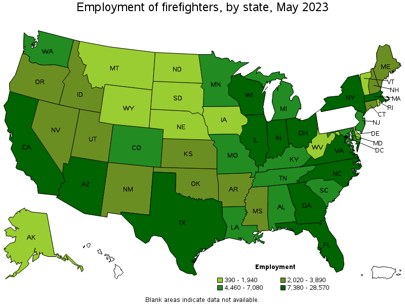 Map of employment of firefighters by state, May 2023