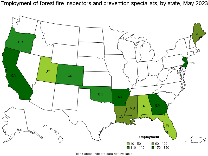 Map of employment of forest fire inspectors and prevention specialists by state, May 2023