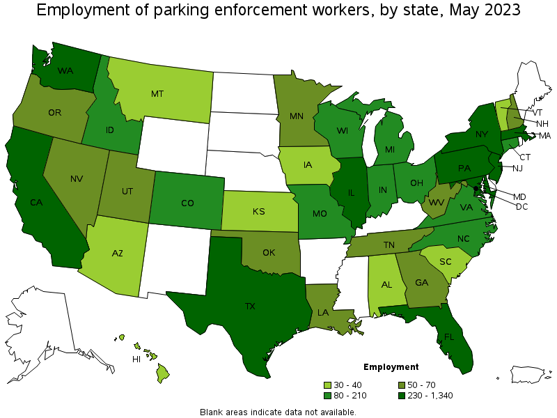 Map of employment of parking enforcement workers by state, May 2023