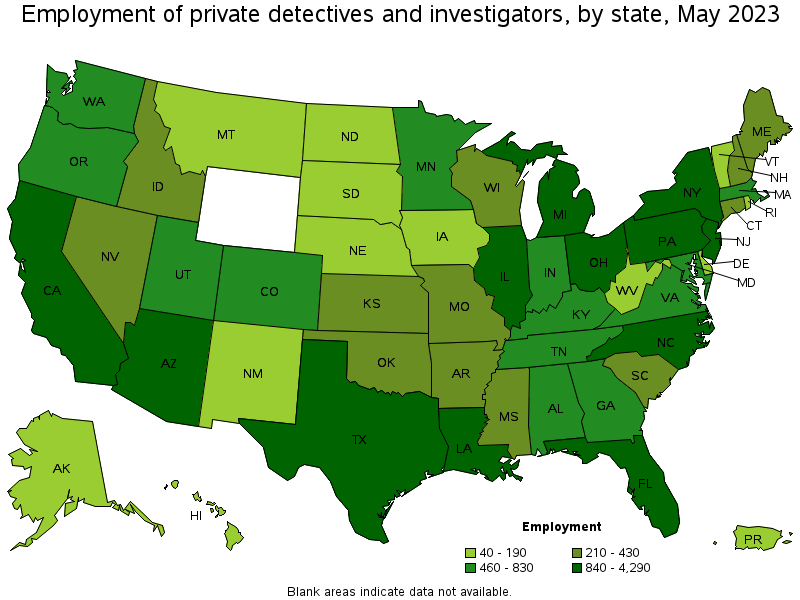 Map of employment of private detectives and investigators by state, May 2022