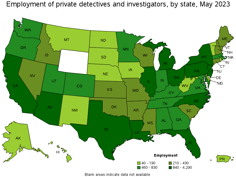 Map of employment of private detectives and investigators by state, May 2023