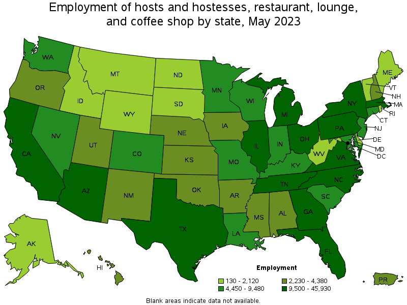 Map of employment of hosts and hostesses, restaurant, lounge, and coffee shop by state, May 2023