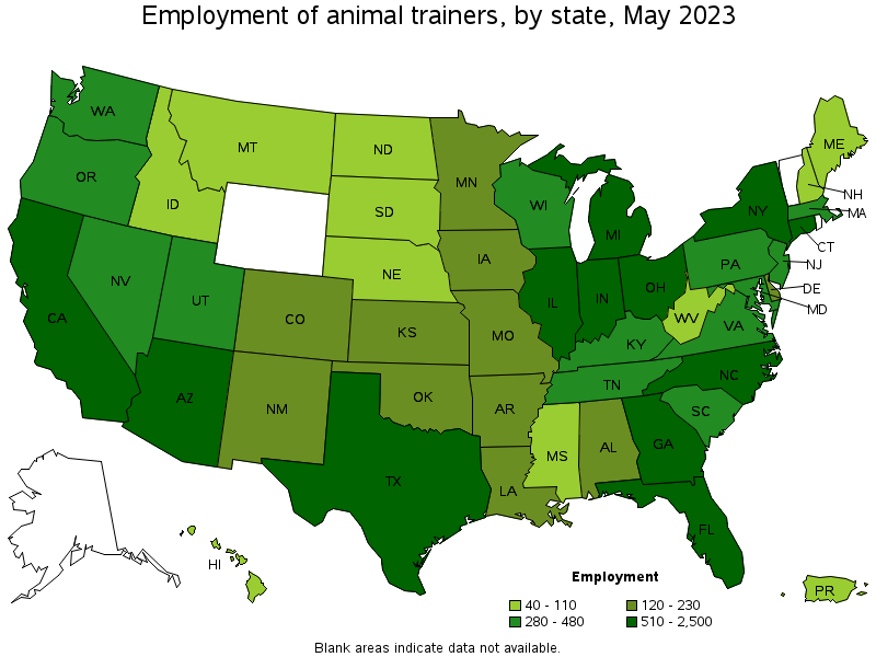 Map of employment of animal trainers by state, May 2021