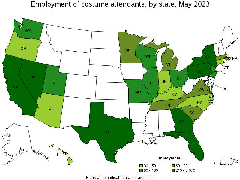 Map of employment of costume attendants by state, May 2023