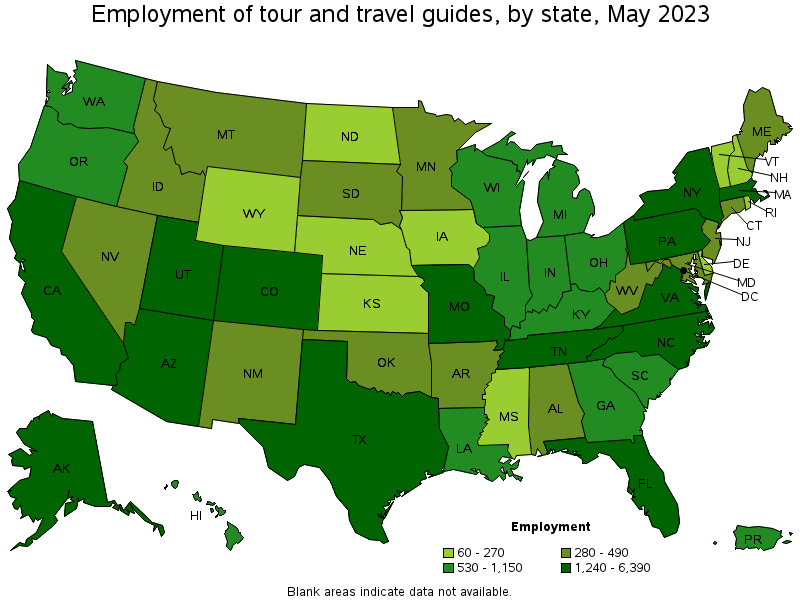 Map of employment of tour and travel guides by state, May 2023