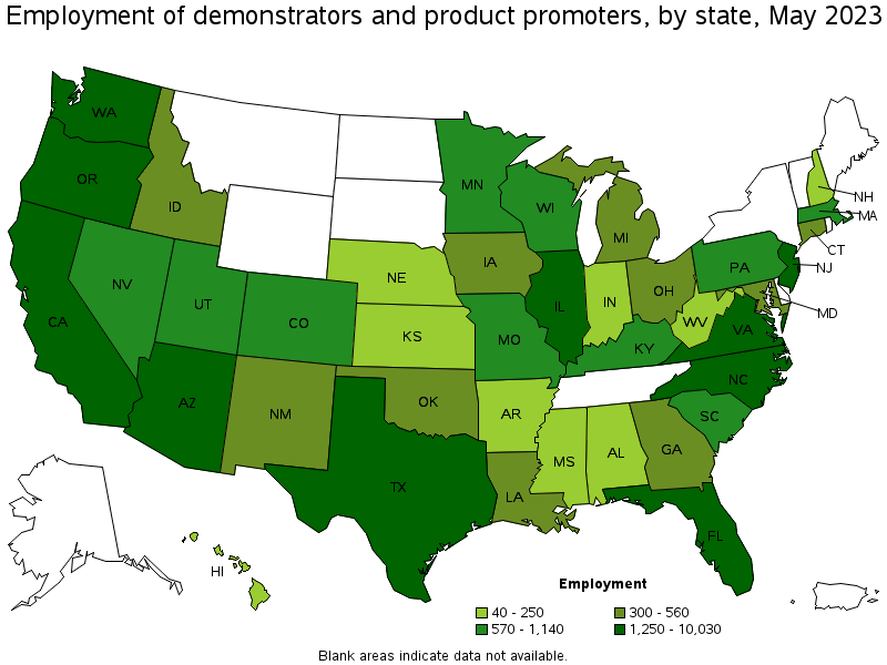 Map of employment of demonstrators and product promoters by state, May 2023