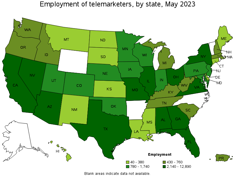 Map of employment of telemarketers by state, May 2023