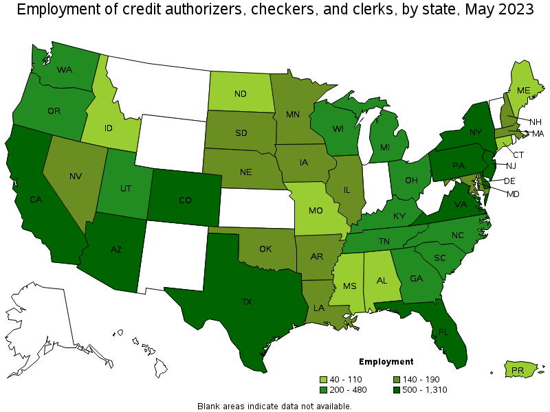 Map of employment of credit authorizers, checkers, and clerks by state, May 2021