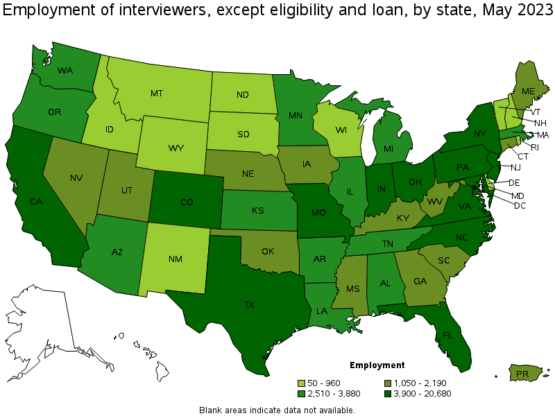 Map of employment of interviewers, except eligibility and loan by state, May 2023