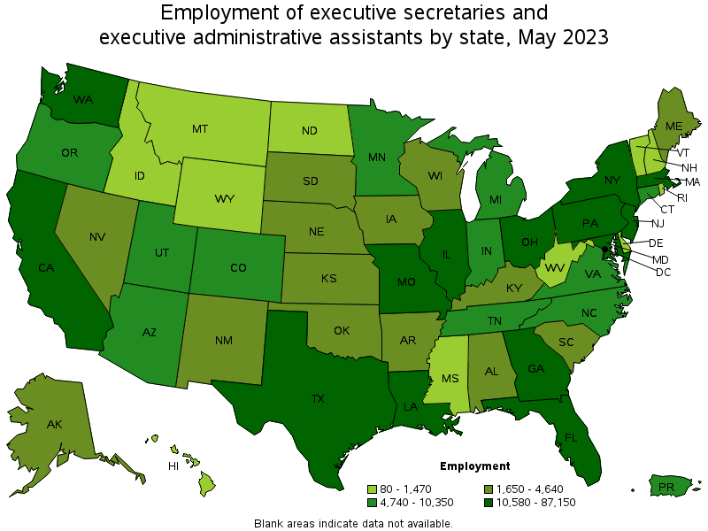 Map of employment of executive secretaries and executive administrative assistants by state, May 2022