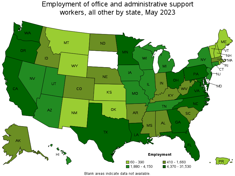 Map of employment of office and administrative support workers, all other by state, May 2023