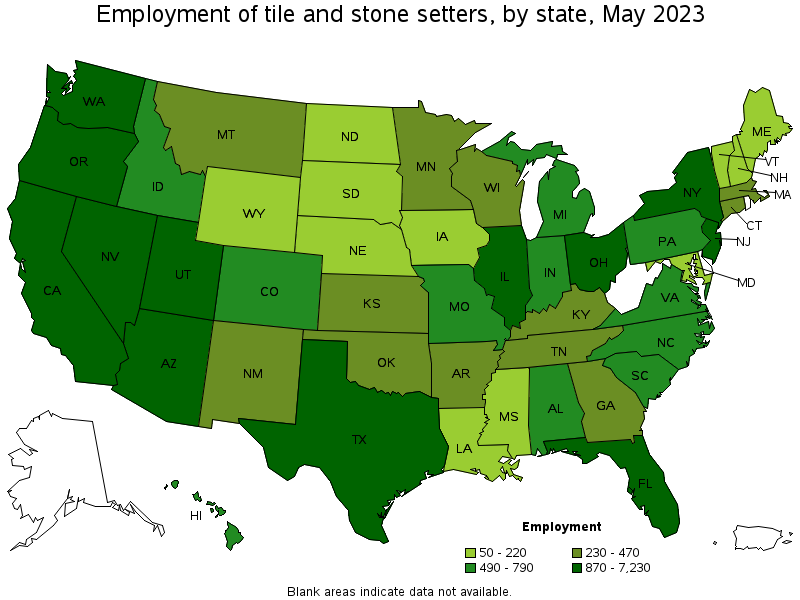 Map of employment of tile and stone setters by state, May 2022