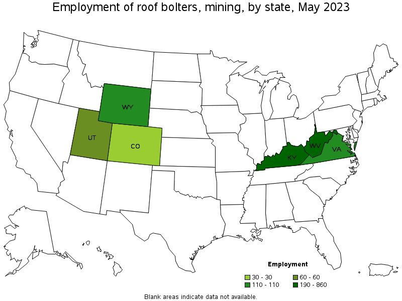 Map of employment of roof bolters, mining by state, May 2021