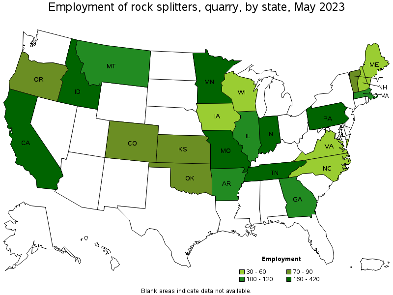 Map of employment of rock splitters, quarry by state, May 2023