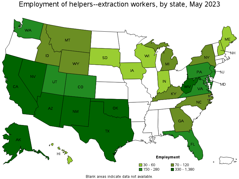 Map of employment of helpers--extraction workers by state, May 2021