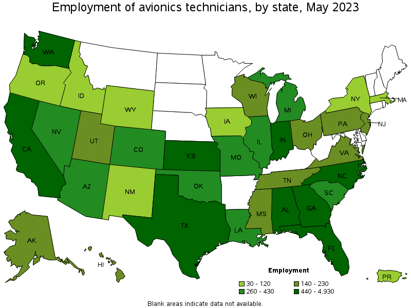Map of employment of avionics technicians by state, May 2021