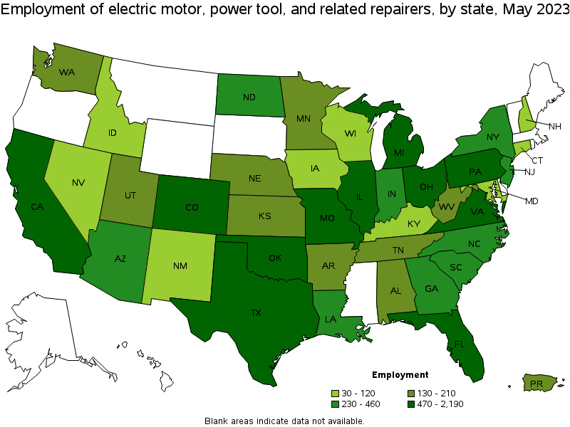 Map of employment of electric motor, power tool, and related repairers by state, May 2023