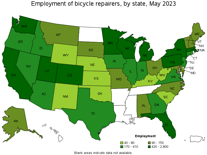 Map of employment of bicycle repairers by state, May 2023