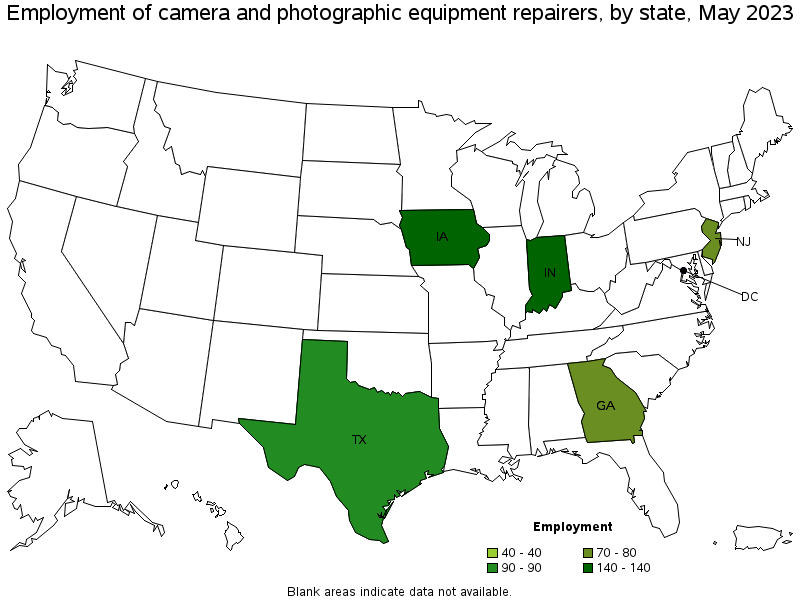 Map of employment of camera and photographic equipment repairers by state, May 2023