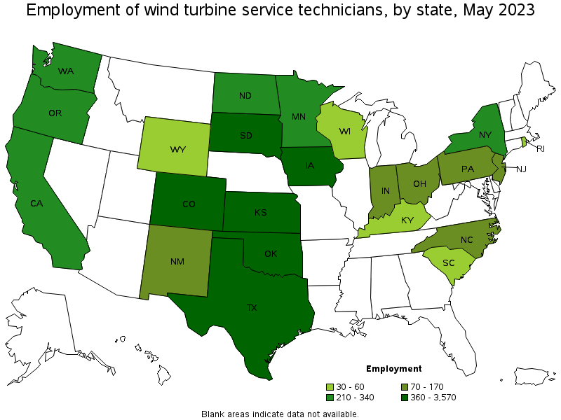 Map of employment of wind turbine service technicians by state, May 2023