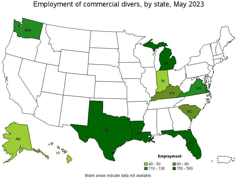 Map of employment of commercial divers by state, May 2022