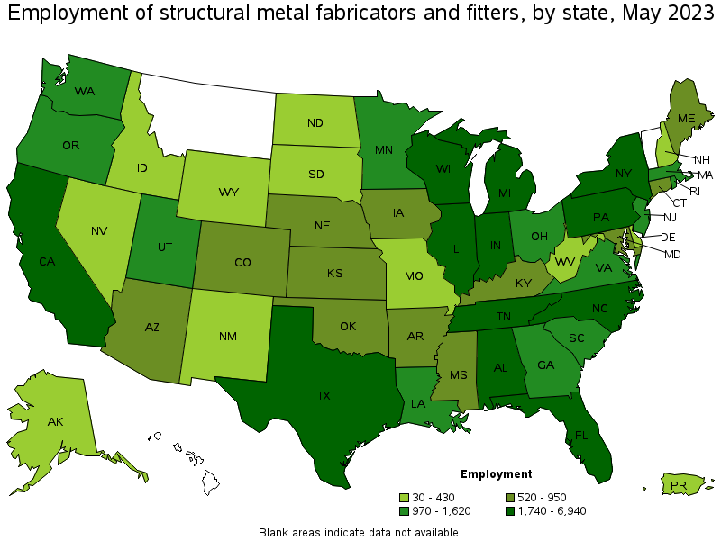 Map of employment of structural metal fabricators and fitters by state, May 2021