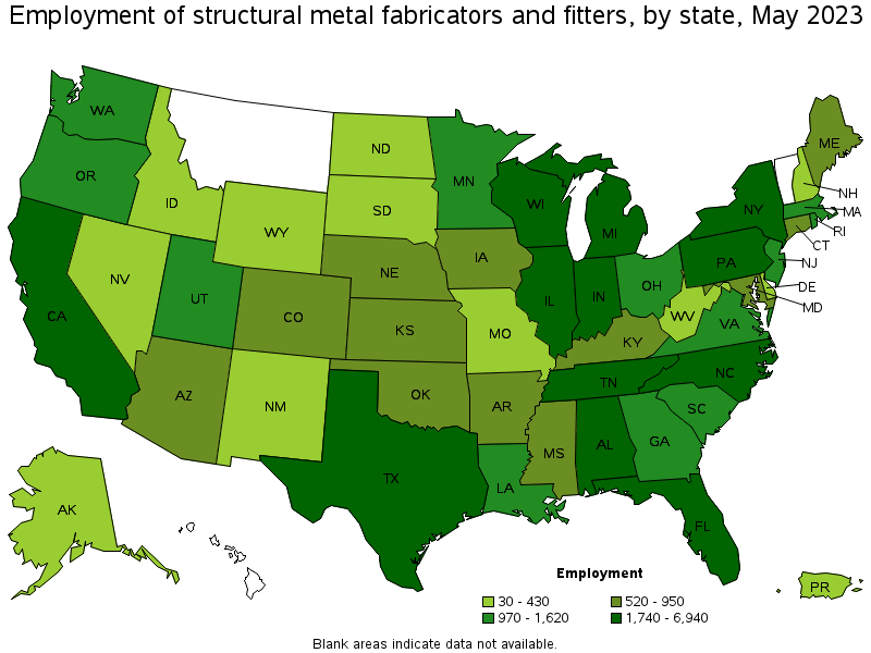 Map of employment of structural metal fabricators and fitters by state, May 2023