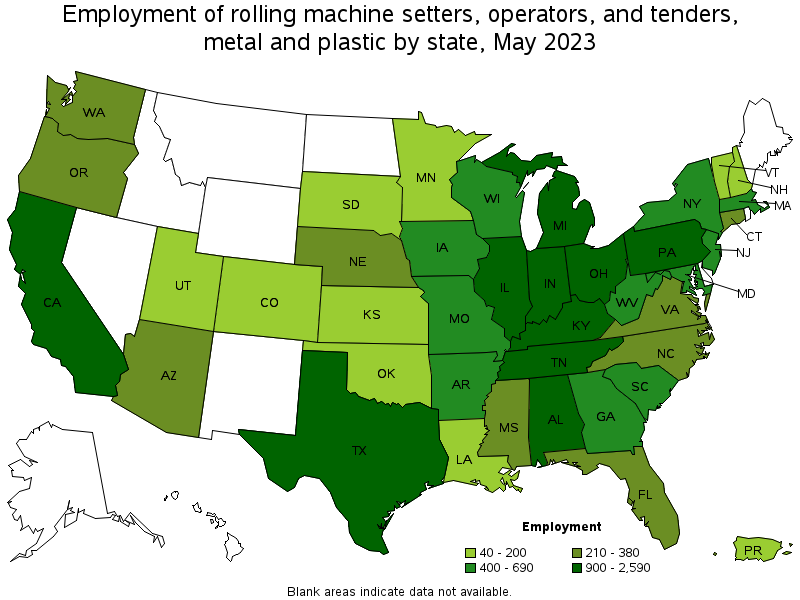 Map of employment of rolling machine setters, operators, and tenders, metal and plastic by state, May 2022