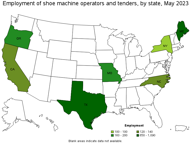 Map of employment of shoe machine operators and tenders by state, May 2023
