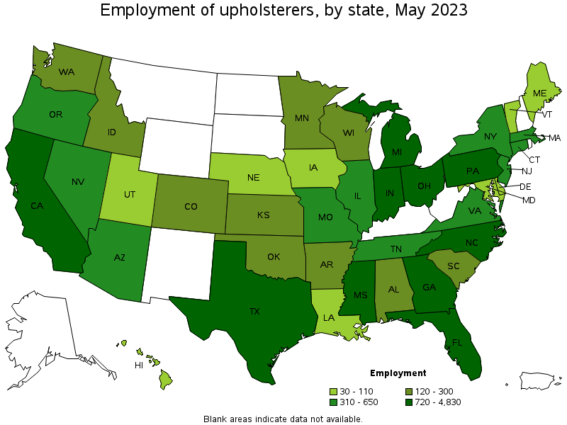 Map of employment of upholsterers by state, May 2021
