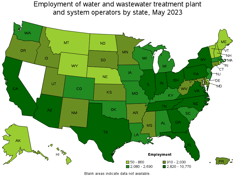 Map of employment of water and wastewater treatment plant and system operators by state, May 2023